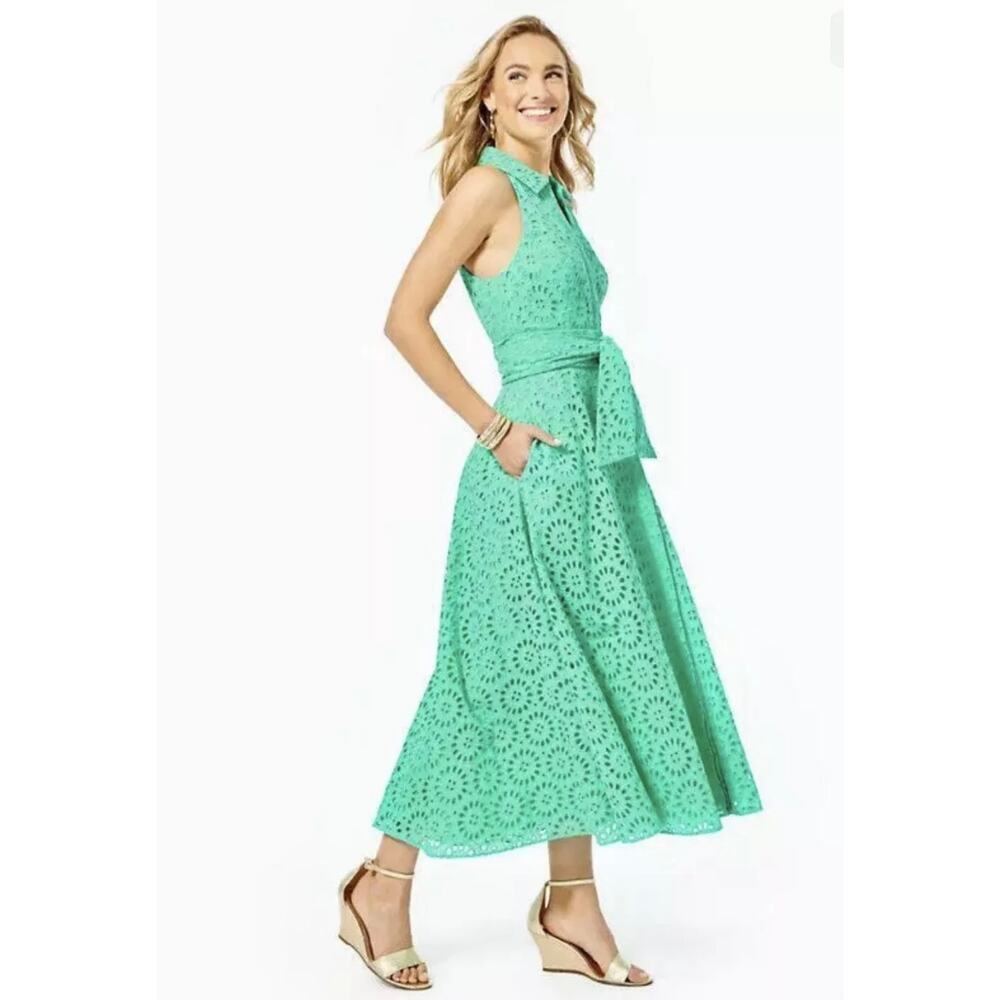 Lilly Pulitzer Chrisella Eyelet Embroidered Midi Belted Shirt Dress Green Size 0 - Picture 13 of 14